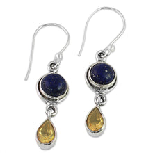 Load image into Gallery viewer, Lapis Lazuli and Citrine Sterling Silver Dangle Earrings - Drops of Sun | NOVICA