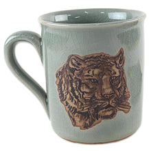 Load image into Gallery viewer, Hand Painted Celadon Ceramic Tiger Mug from Thailand - Tiger's Taste | NOVICA
