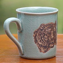 Load image into Gallery viewer, Hand Painted Celadon Ceramic Tiger Mug from Thailand - Tiger's Taste | NOVICA
