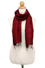 Load image into Gallery viewer, Hand Woven Fringed Silk Scarf in Crimson from Thailand - Shimmering Crimson | NOVICA
