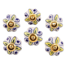 Load image into Gallery viewer, Ceramic Cabinet Knobs Floral Yellow White (Set of 6) India - Bright Sunshine | NOVICA