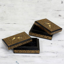 Load image into Gallery viewer, Hand Painted Wood Mini Decorative Boxes (Pair) from India - Avian Whispers in Gold | NOVICA