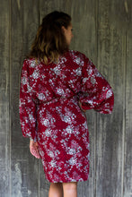 Load image into Gallery viewer, Grey Batik Bali Flowers on Claret Color Rayon Short Robe - Gorgeous in Claret | NOVICA