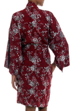 Load image into Gallery viewer, Grey Batik Bali Flowers on Claret Color Rayon Short Robe - Gorgeous in Claret | NOVICA