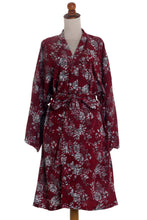 Load image into Gallery viewer, Grey Batik Bali Flowers on Claret Color Rayon Short Robe - Gorgeous in Claret | NOVICA