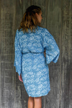 Load image into Gallery viewer, Balinese Rayon Short Cross Over Robe Blue Batik Flowers - Gorgeous in Cerulean | NOVICA