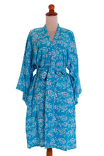 Load image into Gallery viewer, Balinese Rayon Short Cross Over Robe Blue Batik Flowers - Gorgeous in Cerulean | NOVICA