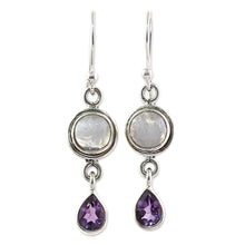 Load image into Gallery viewer, Amethyst Rainbow Moonstone Dangle Earrings from India - Purple Droplets | NOVICA