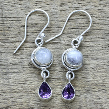 Load image into Gallery viewer, Amethyst Rainbow Moonstone Dangle Earrings from India - Purple Droplets | NOVICA
