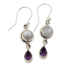 Load image into Gallery viewer, Amethyst Rainbow Moonstone Dangle Earrings from India - Purple Droplets | NOVICA