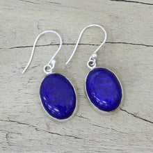 Load image into Gallery viewer, Sterling Silver Lapis Lazuli Dangle Earrings from India - Oval Seas | NOVICA