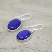Load image into Gallery viewer, Sterling Silver Lapis Lazuli Dangle Earrings from India - Oval Seas | NOVICA