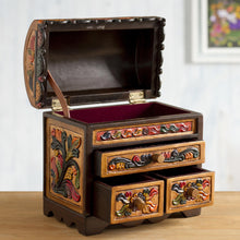 Load image into Gallery viewer, Multicolor Cedar Wood and Leather Jewelry Box from Peru - Elegant Hummingbirds | NOVICA