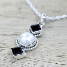 Load image into Gallery viewer, Garnet and Cultured Pearl Pendant Necklace from India - Red Guardians | NOVICA