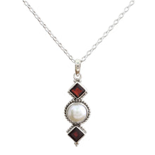 Load image into Gallery viewer, Garnet and Cultured Pearl Pendant Necklace from India - Red Guardians | NOVICA