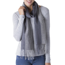 Load image into Gallery viewer, Hand Woven Baby Alpaca Silk Blend Grey Scarf from Peru - Soft Texture in Grey | NOVICA