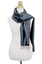 Load image into Gallery viewer, Hand Woven Fringed Silk Scarf in Iron Grey from Thailand - Otherworldly in Iron Grey | NOVICA