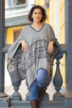 Load image into Gallery viewer, Bohemian Poncho in Blue Geometric Pattern from Peru - Memories Past in Blue | NOVICA