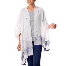 Load image into Gallery viewer, Cotton and Silk Shawl in Champagne and Indigo from India - Chikan Flowers in Indigo | NOVICA