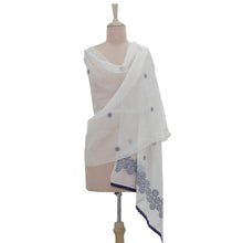 Load image into Gallery viewer, Cotton and Silk Shawl in Champagne and Indigo from India - Chikan Flowers in Indigo | NOVICA