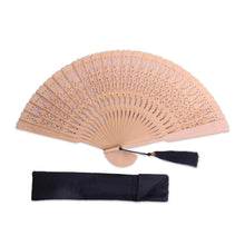 Load image into Gallery viewer, Hand Made Wood Fan in Natural with Pouch from Indonesia - Serenity Bloom in Natural | NOVICA
