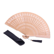 Load image into Gallery viewer, Hand Made Wood Fan in Natural with Pouch from Indonesia - Serenity Bloom in Natural | NOVICA