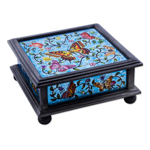 Load image into Gallery viewer, Reverse Painted Glass Blue Decorative Box with Butterflies - Blue Winter Butterflies | NOVICA