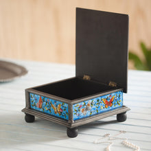Load image into Gallery viewer, Reverse Painted Glass Blue Decorative Box with Butterflies - Blue Winter Butterflies | NOVICA