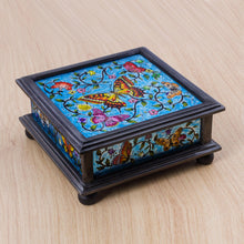 Load image into Gallery viewer, Reverse Painted Glass Blue Decorative Box with Butterflies - Blue Winter Butterflies | NOVICA