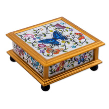 Load image into Gallery viewer, Butterflies on an Ivory Reverse Painted Glass Decorative Box - Ivory Winter Butterflies | NOVICA