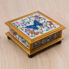 Load image into Gallery viewer, Butterflies on an Ivory Reverse Painted Glass Decorative Box - Ivory Winter Butterflies | NOVICA