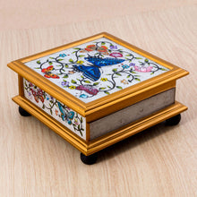 Load image into Gallery viewer, Butterflies on an Ivory Reverse Painted Glass Decorative Box - Ivory Winter Butterflies | NOVICA