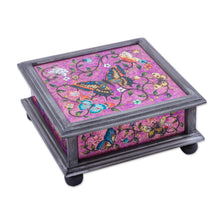 Load image into Gallery viewer, Reverse Painted Glass Decorative Box with Butterflies - Purple Winter Butterflies | NOVICA