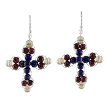 Load image into Gallery viewer, Garnet and Lapis Lazuli Cross Earrings from Thailand - Cross of Hope | NOVICA