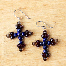 Load image into Gallery viewer, Garnet and Lapis Lazuli Cross Earrings from Thailand - Cross of Hope | NOVICA