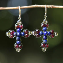 Load image into Gallery viewer, Garnet and Lapis Lazuli Cross Earrings from Thailand - Cross of Hope | NOVICA