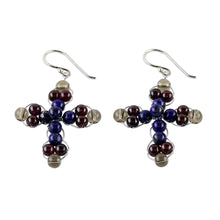 Load image into Gallery viewer, Garnet and Lapis Lazuli Cross Earrings from Thailand - Cross of Hope | NOVICA