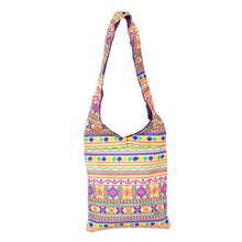 Load image into Gallery viewer, Multi-Colored Geometric Embroidered Striped Sling Handbag - Beige Floral Fantasy | NOVICA
