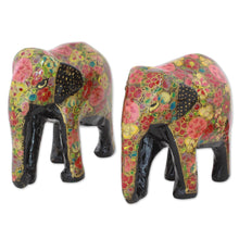 Load image into Gallery viewer, Indian Wooden Sculpture Set of 2 Painted Floral Elephants - Elephant Bloom | NOVICA