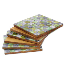 Load image into Gallery viewer, Six Green and Grey Checkerboard Bone Coasters from India - Earthy Checkers | NOVICA