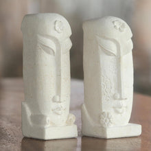 Load image into Gallery viewer, Pair of Hand Carved Sandstone Face Sculptures from Indonesia - Harum Couple | NOVICA