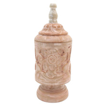 Load image into Gallery viewer, Mahogany Wood Cylindrical Decorative Jar with Floral Motifs - Antique Flower | NOVICA