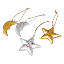 Load image into Gallery viewer, Four Moon and Star Albesia Wood Ornaments from Bali - Stellar Holiday | NOVICA