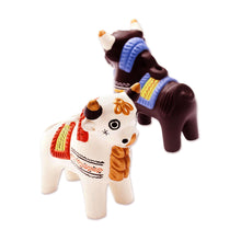 Load image into Gallery viewer, Ornate Brown and White Andean Bull Figurines (Pair) - Little Bulls of Pucara | NOVICA