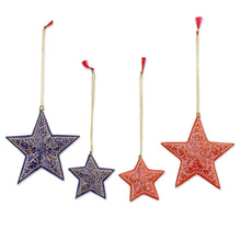 Load image into Gallery viewer, Four Blue and Red Papier Mache Star Ornaments from India - Starry Delight | NOVICA