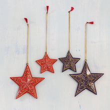 Load image into Gallery viewer, Four Blue and Red Papier Mache Star Ornaments from India - Starry Delight | NOVICA