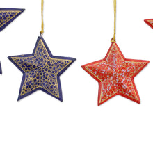 Load image into Gallery viewer, Four Blue and Red Papier Mache Star Ornaments from India - Starry Delight | NOVICA
