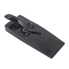 Load image into Gallery viewer, Hand Carved Suar Wood Lizard Door Stopper in Black from Bali - Handy Gecko in Black | NOVICA