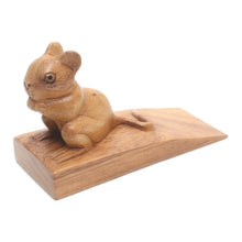 Load image into Gallery viewer, Hand Carved Suar Wood Mouse Door Stopper in Brown from Bali - Charming Mouse in Brown | NOVICA