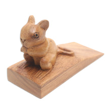 Load image into Gallery viewer, Hand Carved Suar Wood Mouse Door Stopper in Brown from Bali - Charming Mouse in Brown | NOVICA